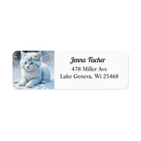 Personalized Fluffy White Kitten in Snow Label