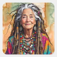 Cool Old Lady in Dread Locks Hippie Woman Square Sticker
