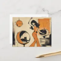 Retro Woman in Orange Dances With Black Cat Postcard
