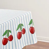 Red Cherries on Blue Stripes Graphic Pattern Tablecloth