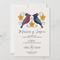 Birds Floral Magenta Navy Blue Spanish Wedding Invitation