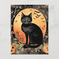 Adorable Halloween Black Cat Watercolor Postcard