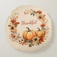 Thankful Pumpkin and Autumn Flowers Wreath Round Pillow