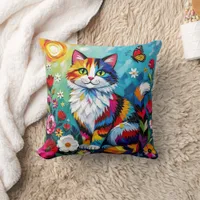 Colorful Cat and Butterfly Throw Pillow