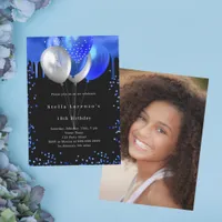 Black royal blue balloons photo invitation