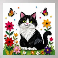 Cute Black and White Cat, Flowers and Butterflies Poster