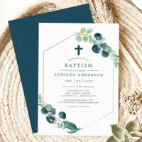 Elegant Watercolor Eucalyptus with Cross Baptism Invitation