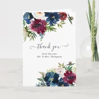 Bordo and Navy Watercolor Floral Wedding Photo Thank You Card