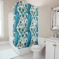 Pretty Blue and Gold Fluid Art Cascading Water Shower Curtain