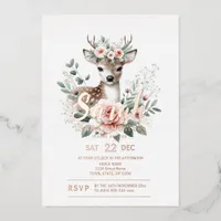 Floral Deer Baby Shower Foil Invitation