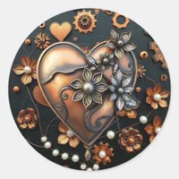 Steampunk Copper Metal Gears and Heart Classic Round Sticker