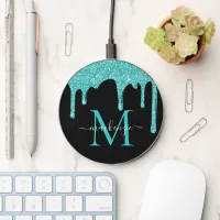 Luxury Black Teal Glitter Drips Sparkle Monogram Wireless Charger