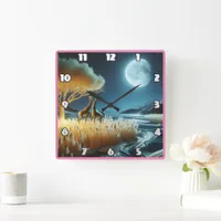 Giraffes under the moonlit African night Square Wall Clock