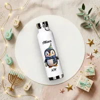 Cute Blue Penguin Birthday Water Bottle