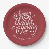 Personalized Burgundy Script Happy Thanksgiving Paper Plates