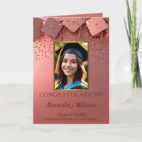 Shimmering Rose Gold Graduation Caps and Photo Card