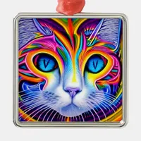 AI Generated Artsy Cool Blue Eyed Abstract Cat Metal Ornament