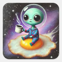 Adorable Alien Floating Egg in Space With Coffee Square Sticker