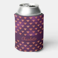 Bees purple rose gold monogram name script can cooler