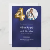 Navy blue gold photo 40th birthday invitation