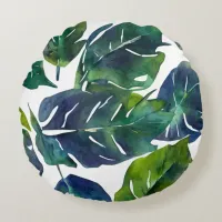 Green and Blue Foliage Philodendron Botanical   Round Pillow