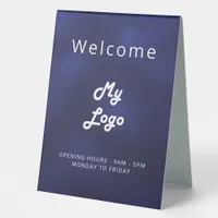 Logo business navy blue white welcome table tent sign