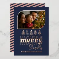 Navy & Rose Gold Retro Doodle Christmas Photo Foil Holiday Card