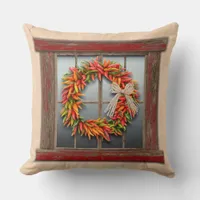 Southwest Chile Wreath on Rustic Red Wood Window Throw Pillow