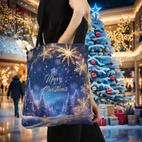 Magical Christmas time - golden snowflakes on blue Tote Bag