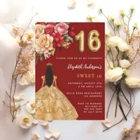 Sweet 16 red gold dress florals roses invitation