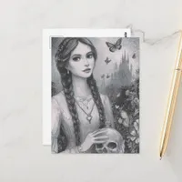 Girl With the Skull Black and White Fantasy  Postcard