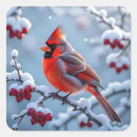 A Pretty Cardinal on a Snowy Branch Christmas Square Sticker