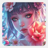 Beautiful Anime Girl Glitchcore Floral Square Sticker