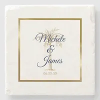 Elegant Navy Blue Golden Palm Tree Modern Wedding Stone Coaster