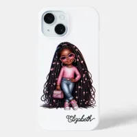 Adorable Black Girl Chibi Art with Pink Accents iPhone 15 Case