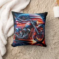 Custom motorcycle with an American flag at sunset Throw Pillow