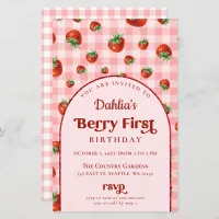 Budget Pink Red Strawberry 1st Birthday Invitation