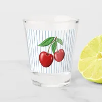 Red Cherries on Blue Striped Pattern Shot Glass