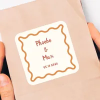 Handwritten Whimsical Wavy Border 70s Wedding  Square Sticker