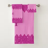 Girly pink glitter zigzag, monogram bath towel set