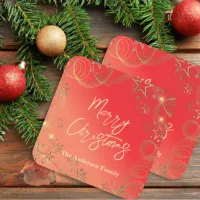 Golden Glittery Stars Sparkles On Red Christmas Square Sticker