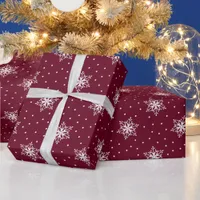 White Snowflakes Polka Dots Burgundy Christmas Wrapping Paper