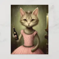 Adorable Cat in Pink with Champagne Bottle Postcard