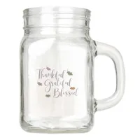 Thankful Grateful Blessed Autumn Leaves Typography Mason Jar
