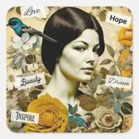 Love, Beauty, Inspire, Dream and Hope Vintage Lady Square Sticker