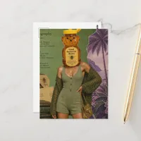 Surreal Honey Bear Head Woman Mixed Media Collage Postcard