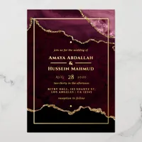 Burgundy and Gold Agate Wedding Foil Invitation