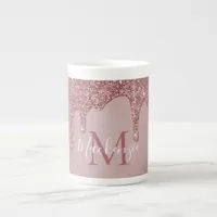 Rose Gold Dripping Glitter Monogram Bone China Mug