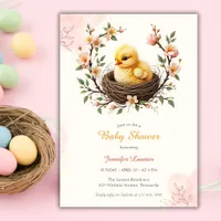 Chick Nest Pink Floral Wreath Easter Baby Shower Invitation