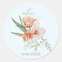 Blush Pink Light Blue Watercolor Flowers Wedding Classic Round Sticker